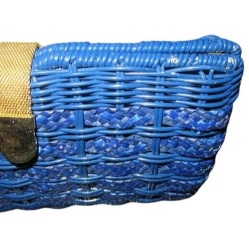 Basket Weave Handbag Cobalt Sapphire Blue & Gold Hardware Chain Crossbody Clutch - Picture 13 of 13